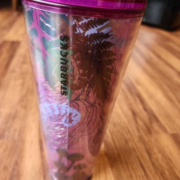 Starbucks 2022 Fall Mushroom Fern Forest Foil Tumbler Purple Gold Straw 24oz New - Picture 4 of 5